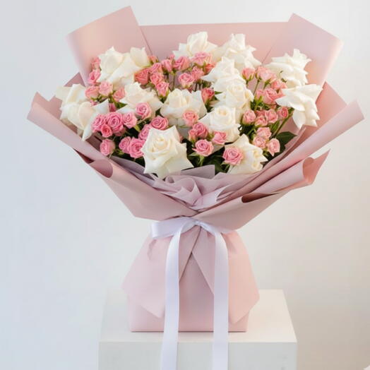 Timeless- White Rose and Pink Spray rose Statement Bouquet