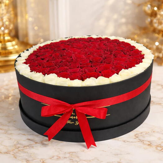 Red White Roses in Black Box