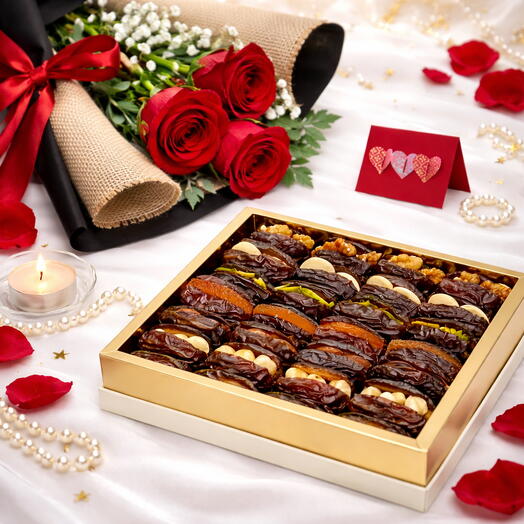 Valentine Set Stuffed Mejdool 6 type mix 24 pcs and 3 Red Flower