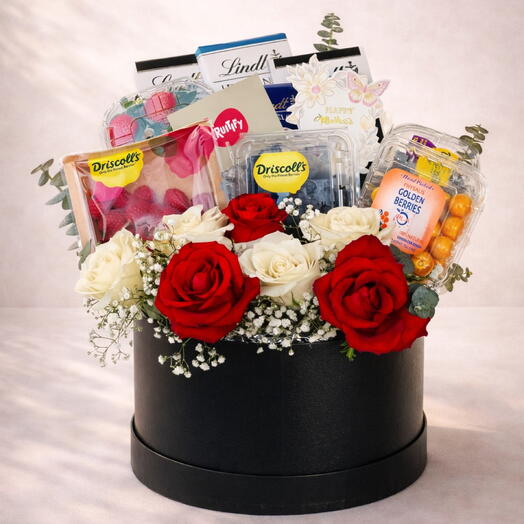 ورود حمراء وبيضاء, توت وعلبة هدايا شوكولاتة ليندت