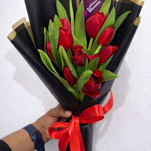 Premium Red Tulips Bouquet in Black Wrap