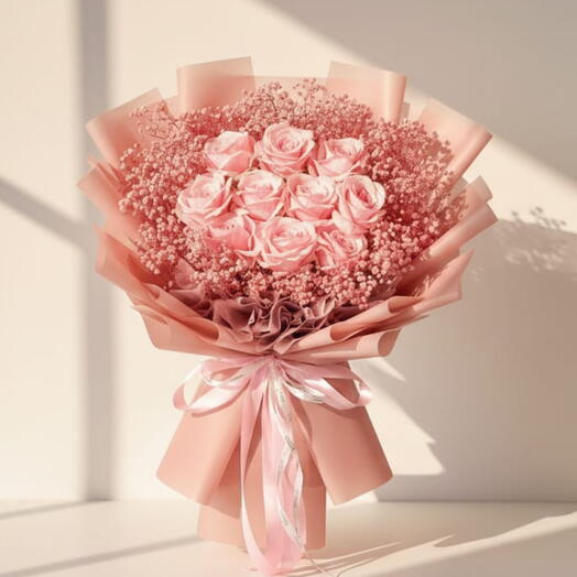 Light Pink Rose   Baby s Breath Bouquet