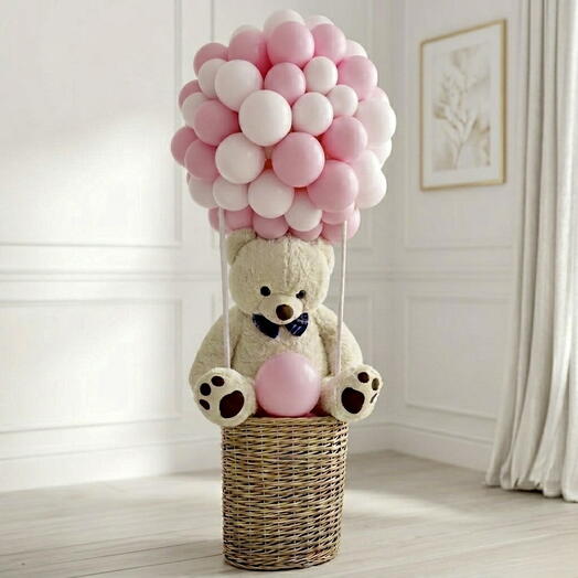 Baby Girl Air Balloon Teddy Setup – Pink   White Luxury Display (4–5 ft)