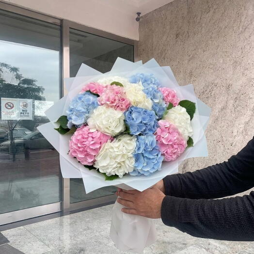 Le "Symphony of Skies" bouquet mixte d'hortensias de luxe : 15 tiges premium en rose, bleu   blanc