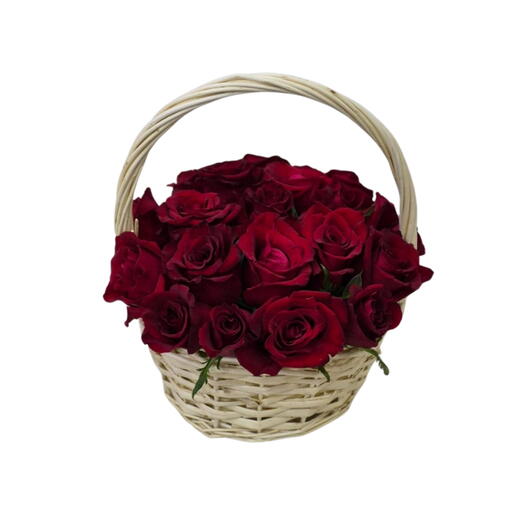 Elegante cesta con 21 rosas rojas