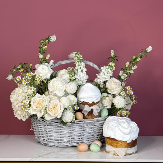 Whispers of the Dessert: Medium Basket with Easter Bread and Flowers