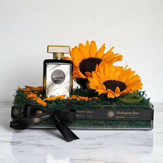 Kuwaiti Perfume Gift Set with Fresh Sunflowers – Luxury Floral   Fragrance Tray by Shakespeare Fleur