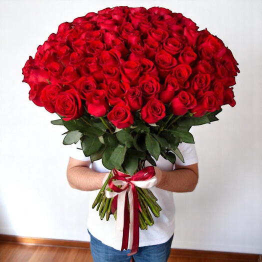 Luxurious 101 Red Roses Bouquet – Romantic Hand-Tied Rose Arrangement with Satin Ribbon