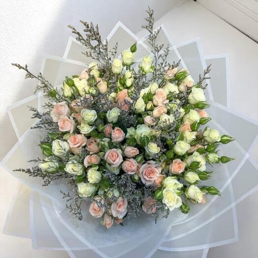 Elegant Mixed Spray Rose Bouquet with Pink, Peach, White Roses   Purple Limonium – Romantic Hand-Tied Arrangement