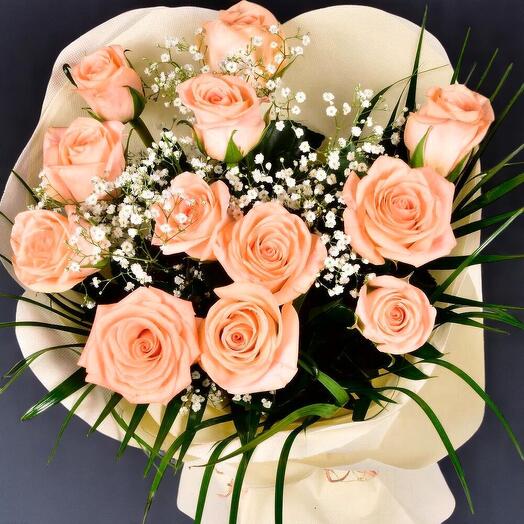 Cool Peach Rose Bouquet | 12 Peach Roses with Gypsophila and Palm Leaves | Elegant Flower Gift