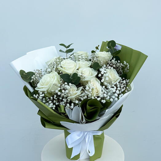 Classic White Rose Bouquet with Baby s Breath