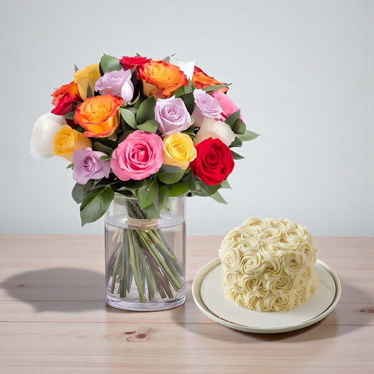 Strawberry Swirl Cake and 31 Mixed Roses Vase