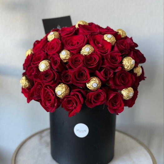 Red Roses With Ferrero in Box -1013