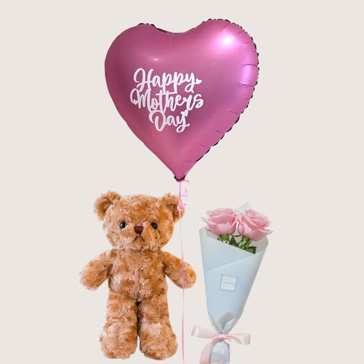 Ramo de rosas rosadas, osito de peluche, globo de corazón para el Día de la Madre | Entrega de regalos Abu Dabi