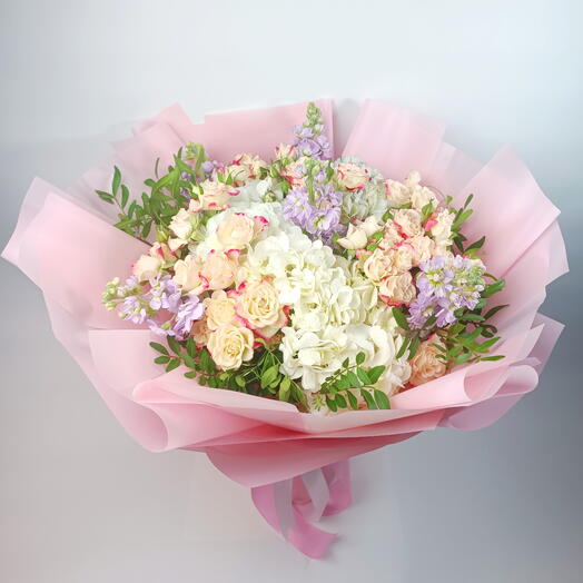 White Hydrangea   Pastel Roses Elegant Bouquet