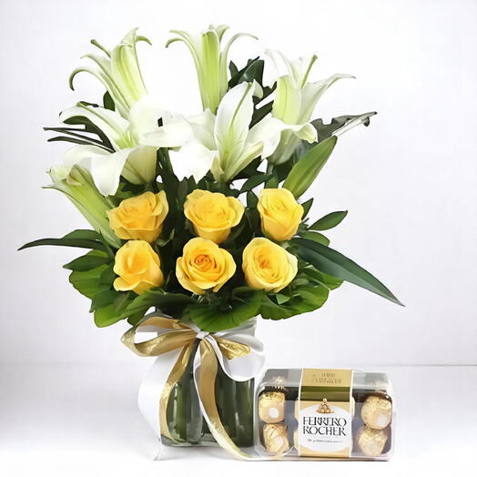 Love in Bloom Gold – Yellow Roses   Lilies with Ferrero Rocher Combo