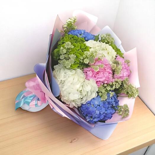 Moon Shine Pastel Hydrangea Bouquet with Astrantia. Fresh Colorful Hydrangea Arrangement