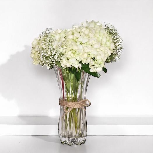 Eternal Elegance White Hydrangea   Gypsophila Bouquet in Crystal Glass Vase | 30x40cm | Timeless Floral Gift