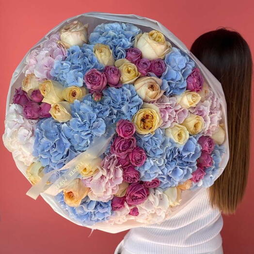 Blue Moon Romance: Large Bouquet of Blue and Blush Hydrangeas, Magenta and Yellow Roses