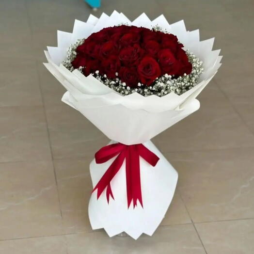 30 Red Roses Bouquet with White Wrapping