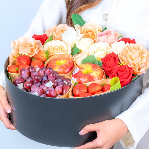 Premium Fruit Box With Mixed Flowers