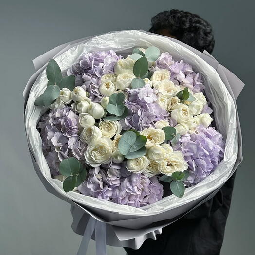 Premium Garden Roses White N Lavender Hydrangeas