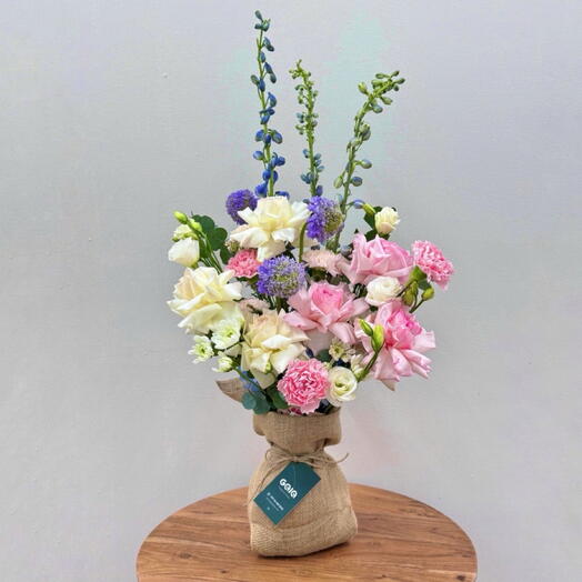 Elegant Vase Ready Enchanted Pink Ohara  Blue Delphinium Fresh Creation