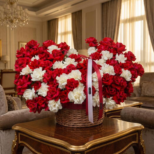 Корзина с букетом цветов: красные и белые распустившиеся розы. Букет из 101 розы