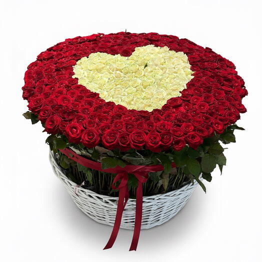 Red Rose Basket – 501 Red   White Roses with White Heart Luxury Arrangemen