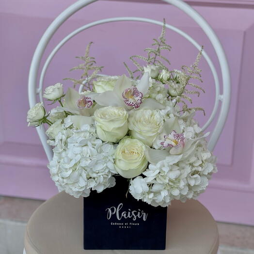 Black Beauty box with hydrangeas and roses and orchids