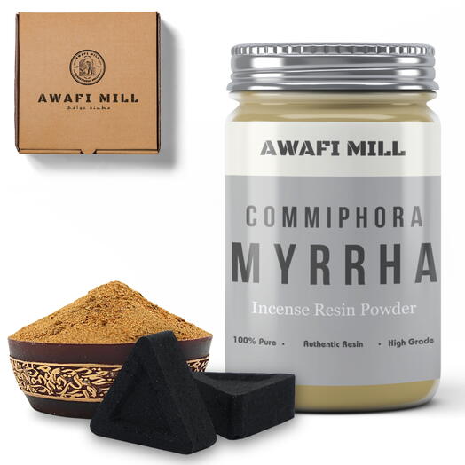 AWAFI MILL Порошок ладана из смолы мирры | Треугольные угольные таблетки - флакон 100 г с 20 угольными таблетками