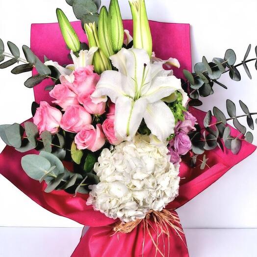 Radiant Charm Bouquet | Pink Roses, White Lilies, White Hydrangea, Eucalyptus   Lisianthus