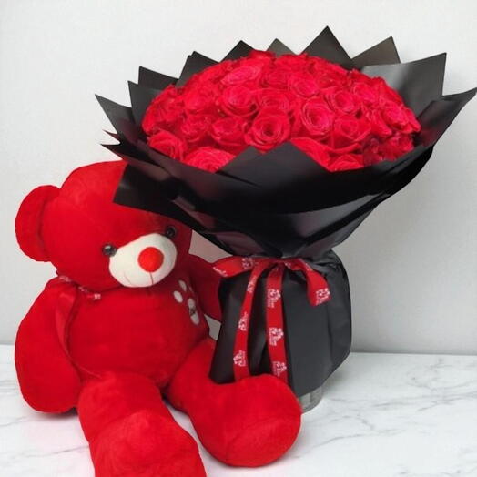 Bouquet with 50 premium red roses, and a red foam Teddy Bear (90cm)