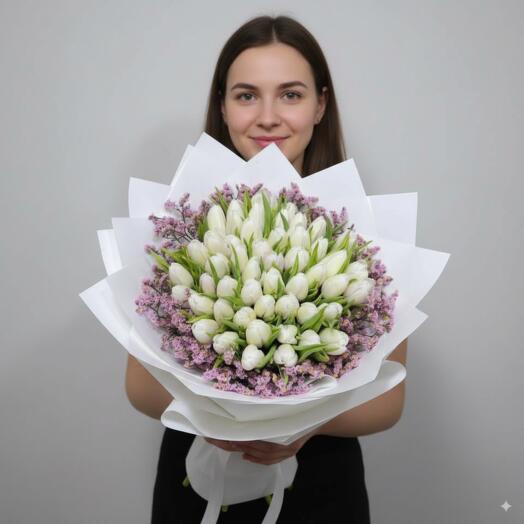50 White Tulip with limonium Bouquet