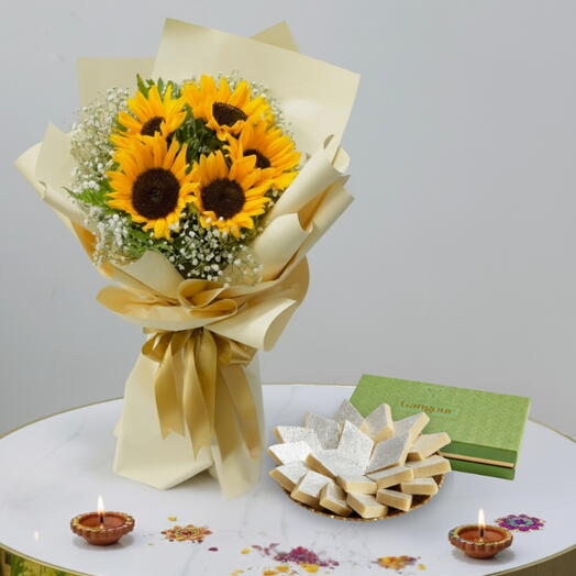 Sunshine   Sweetness | Sunflower Bouquet with Kaju Katli Box Dubai