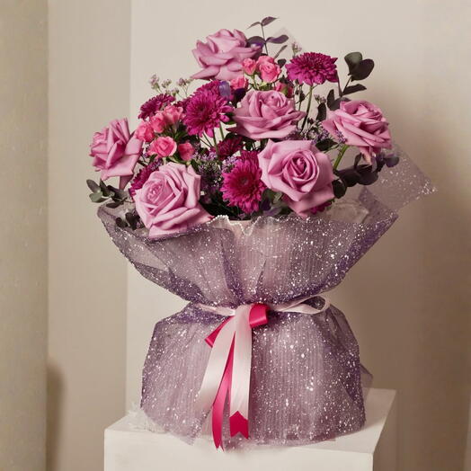 Magical – 10 Pink Roses, 30 Pink Spray Roses, 10 Dahlias, 10 Purple Gypsophila, Lavender Statice   Eucalyptus