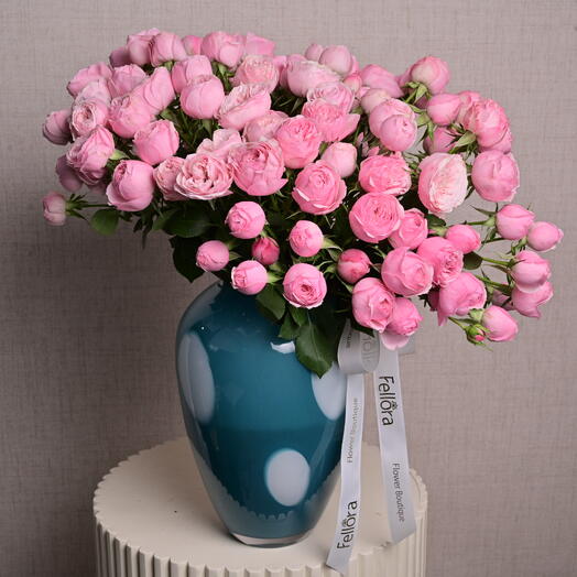 25 Mansfield Park Peony Roses in Polka Dots Blue Glass Vase  6934