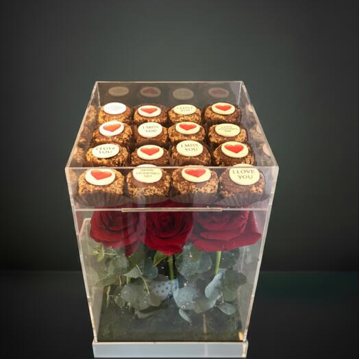 АКРИЛОВЫЙ КЕЙС С РОЗАМИ И ШОКОЛАДОМ С КРЫШКОЙ ВЕР. 2