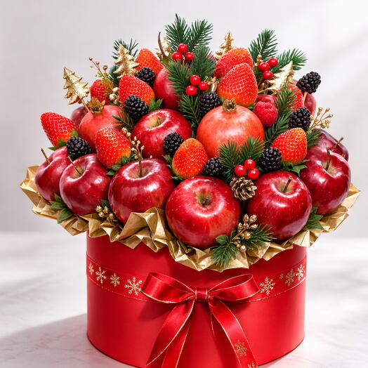 Праздничная рождественская корзина с яблоками