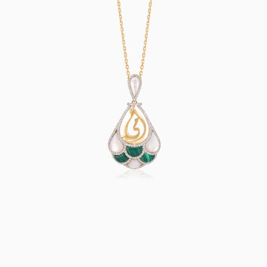 18K Yellow Gold Necklace Featuring  Mother  with Diamonds, Malachite, and Mother of Pearl