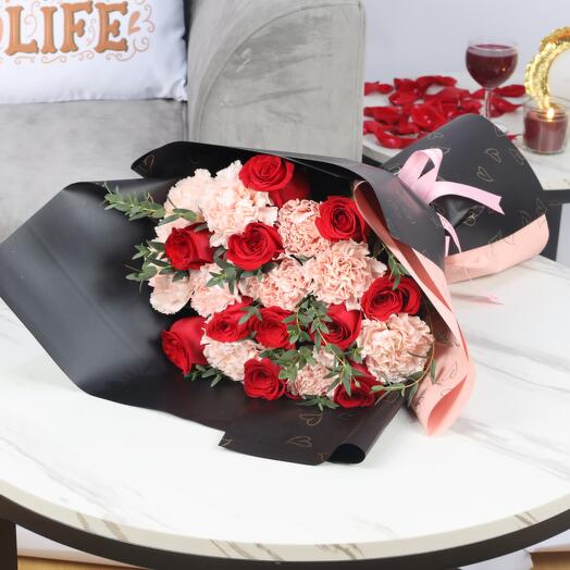 Queen 21 Red Roses and Pink Carnations Bouquet