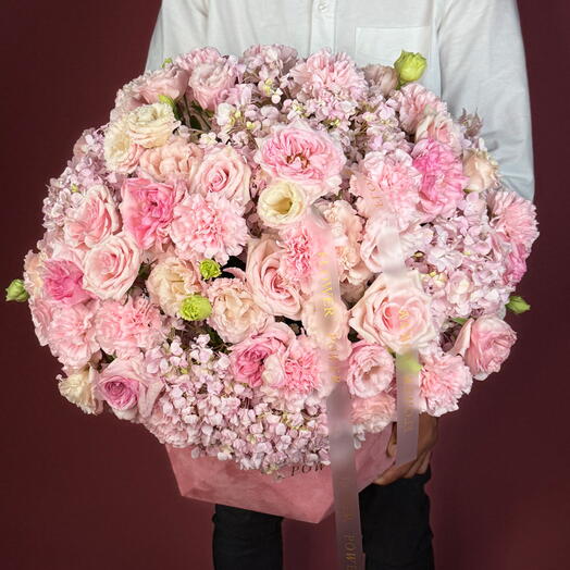 Lady Bug: Box of Hydrangeas, Carnations, Roses and Eustoma