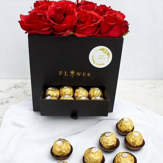 Luxury Black Square Rose Box with 41 Red Roses   12 Ferrero Chocolates