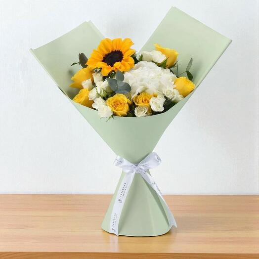 Sunshine Healing Bouquet – Sunflower, Yellow Rose   White Hydrangea Arrangement