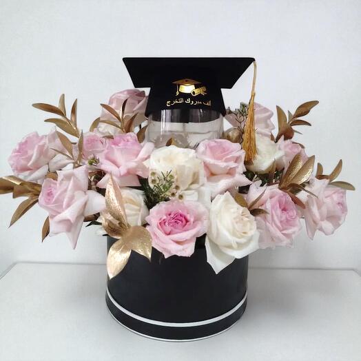Graduation Pink   White Roses with Golden Accents in Hat Box