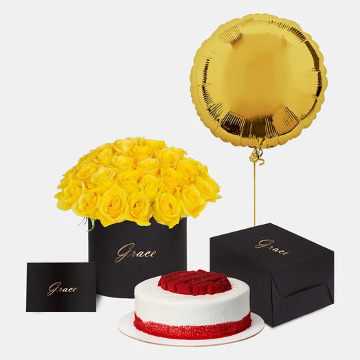 Yellow Roses in Box with Red Velvet Cake Bundle
