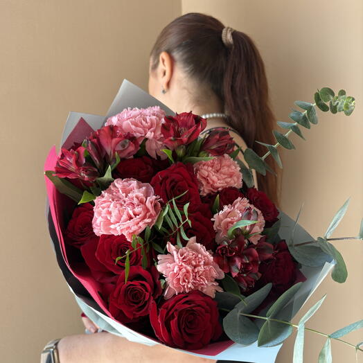 Blushing romance medium bouquet with red roses carnations and alstroemerias