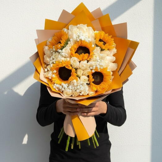 Sunshine Serenity Where Wild Sunflowers Meet Pure White Roses