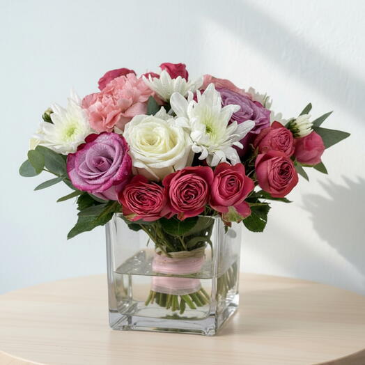 🌸 Radiant Charm Vase – Pink Carnations, Roses   White Chrysanthemum | Elegant Flower Arrangement Dubai