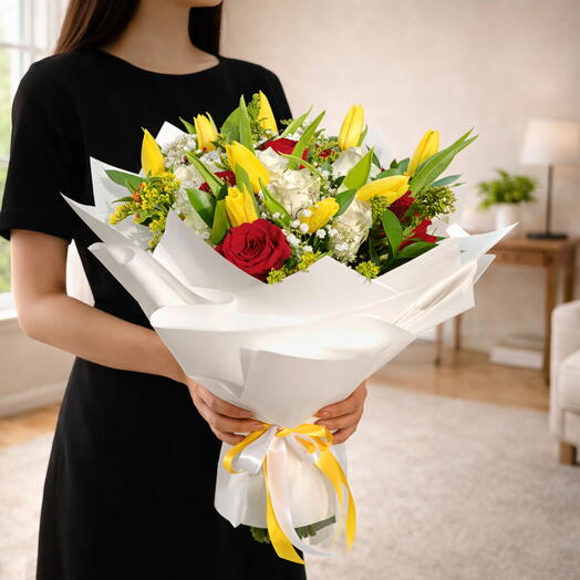 Солнечный смешанный букет тюльпанов и роз